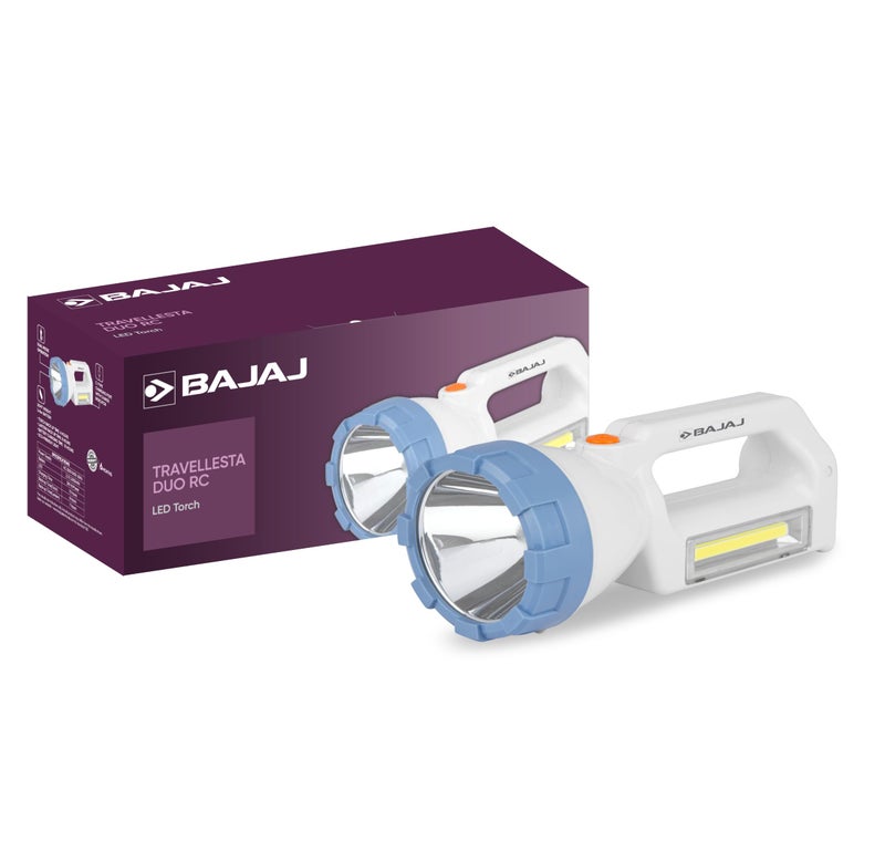 Bajaj Travellesta 3W Duo RC LED Torch | Dual Lighting Mode | USB C-Type Charging | 6 Months - Warranty (Pack of 1, White and Blue) - Image 1