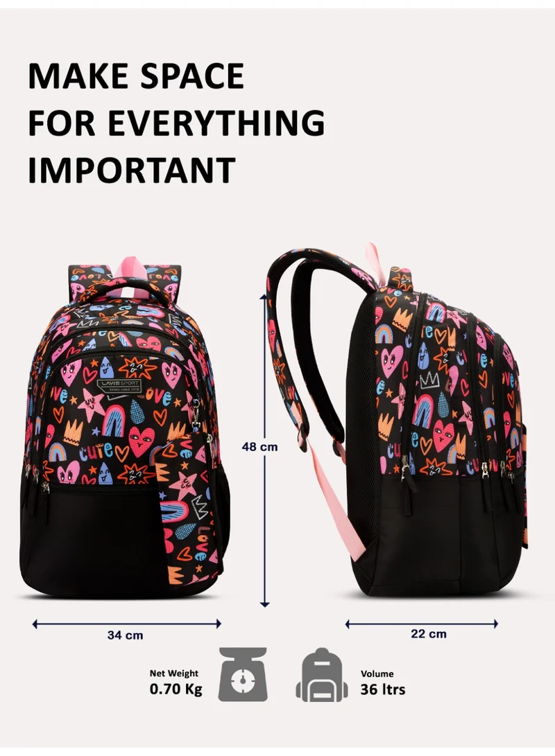 Lavie  Sport 36L Popheart Backpack | 19 inches | Laptop Compatiable | Raincover | Pencil Pouch |(Black) for Women | Best Price UAE