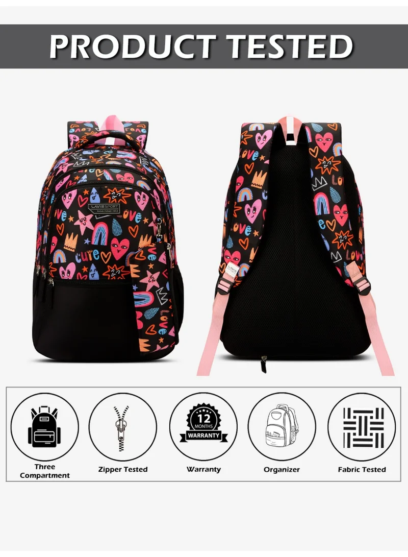 Lavie  Sport 36L Popheart Backpack | 19 inches | Laptop Compatiable | Raincover | Pencil Pouch |(Black) for Women | Best Price UAE