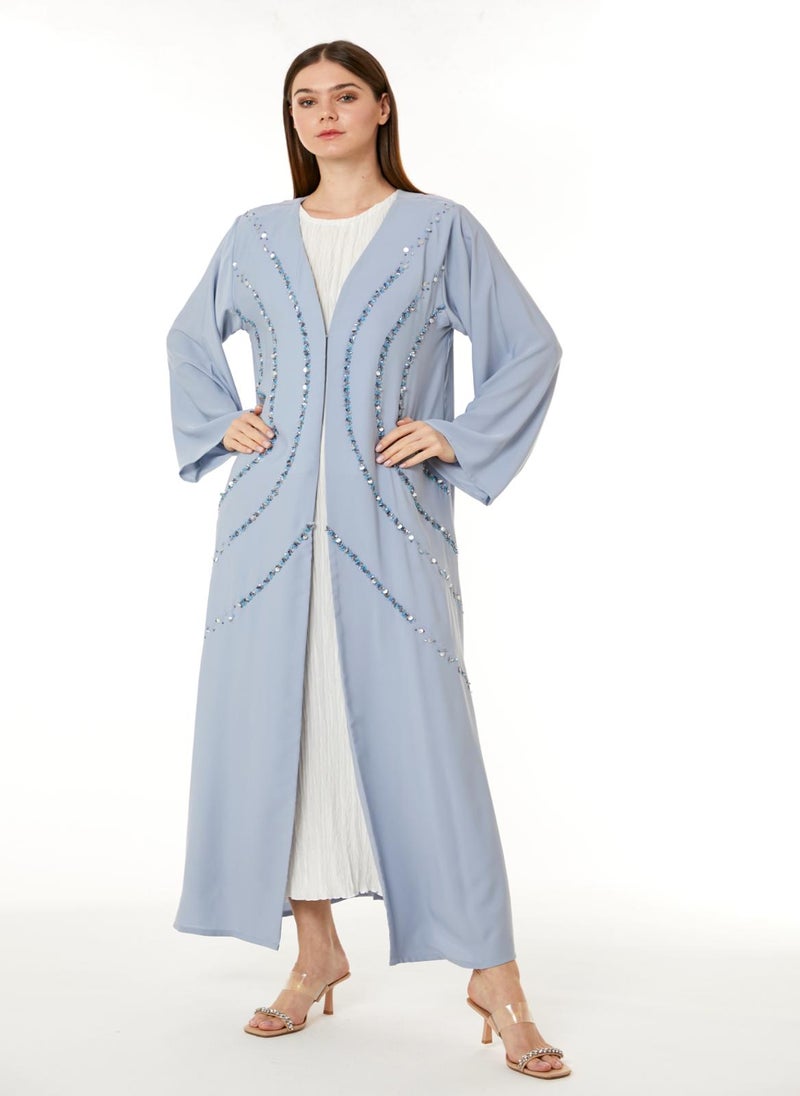 Moistreet Light Blue Indonesian Crepe Hand Embellished Abaya - Image 1