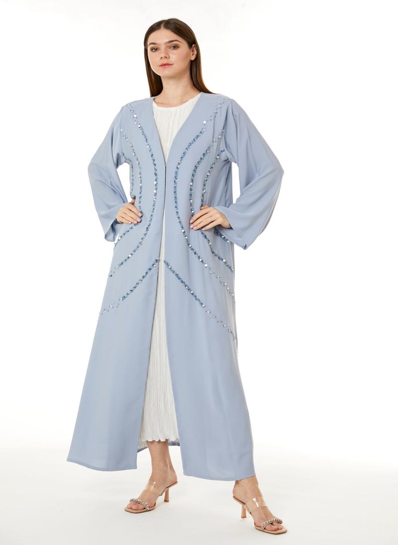 Moistreet Light Blue Indonesian Crepe Hand Embellished Abaya - Image 2