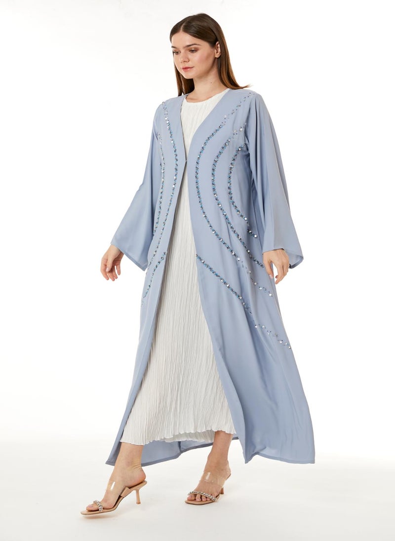 Moistreet Light Blue Indonesian Crepe Hand Embellished Abaya - Image 3
