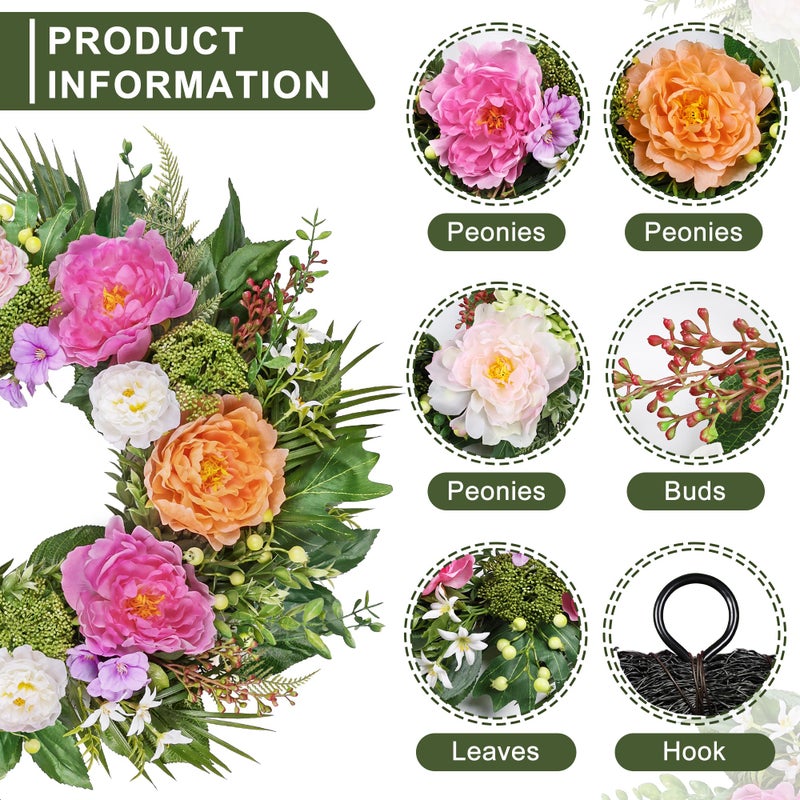 MDSTBN 24 Inch Spring Wreaths for Front Door: Realistic Silk Peonies & Hydrangeas with Berry Greenery, Faux Flower Wreath for All Seasons, Indoor Outdoor Decor for Porch, Wall, Wedding, Farmhouse, Home - Image 2