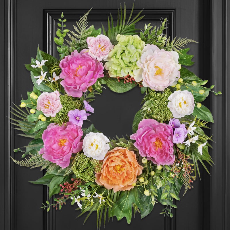 MDSTBN 24 Inch Spring Wreaths for Front Door: Realistic Silk Peonies & Hydrangeas with Berry Greenery, Faux Flower Wreath for All Seasons, Indoor Outdoor Decor for Porch, Wall, Wedding, Farmhouse, Home - Image 1