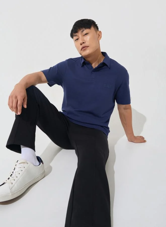 Cult Men Navy Blue Cotton Polo T-Shirt
