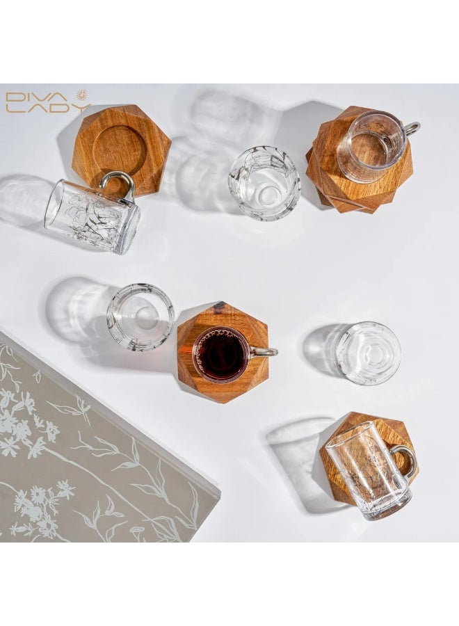 Diva Lady Luxury Set – 6 Tea Glasses + 6 Coffee Cups + 6 Wooden Saucers – Elegant Silver Floral Etched Glass Design - Image 3