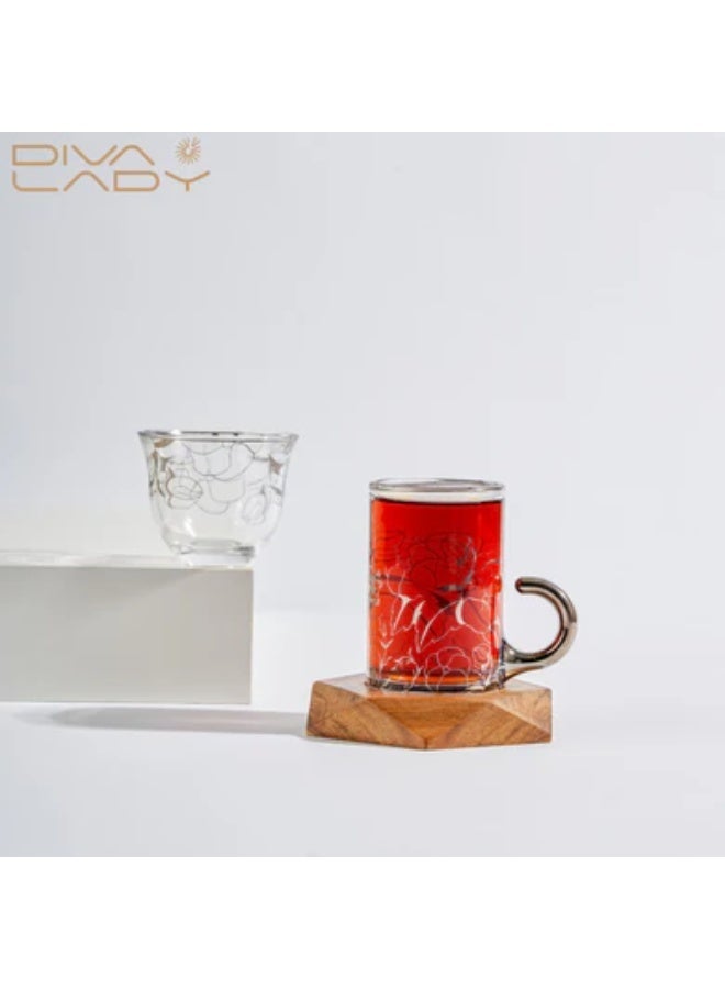 Diva Lady Luxury Set – 6 Tea Glasses + 6 Coffee Cups + 6 Wooden Saucers – Elegant Silver Floral Etched Glass Design - Image 1