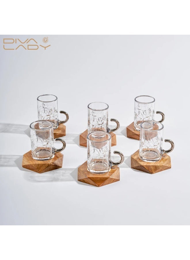 Diva Lady Luxury Set – 6 Tea Glasses + 6 Coffee Cups + 6 Wooden Saucers – Elegant Silver Floral Etched Glass Design - Image 2