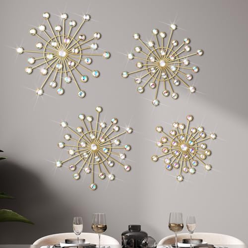 Blulu 4 Pcs Metal Wall Decor Bling Crystal Wall Art Cast Iron Rhinestones Sunburst Decor Starburst Art Hanging Diamond Accents Home Decorative for Living Room Bedroom EntrywayColorful - Image 1