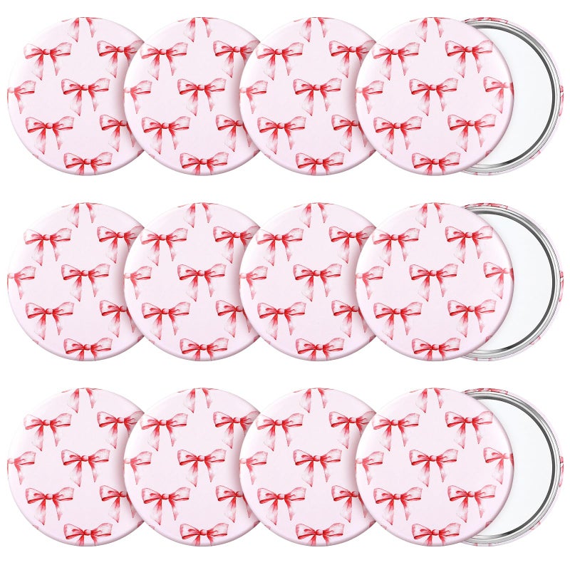 Marsui 12 Pcs Bow Party Favors Coquette Pink Bow Compact Mirror Bulk 2. 76 Inch Portable Round Pocket Makeup Travel Mirror Aesthetic Gift for Women Mom Shower Bridal Bachelorette Party Decoration - Image 1
