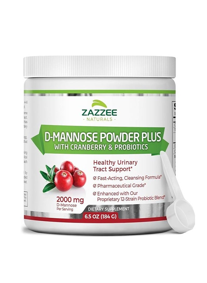 Zazzee D-Mannose Powder Plus With Cranberry&Prebiotics 2000 mg 6.5 OZ. (184G)