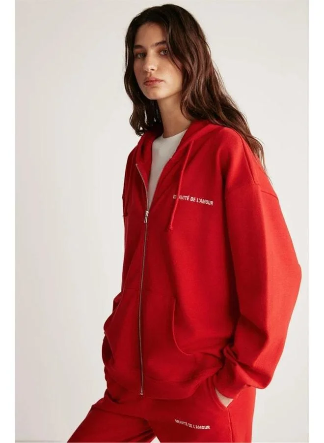 GRIMELANGE Ametıs Women's Oversized Organic Cotton Metal Zipper Hooded Red Sweatshirt.