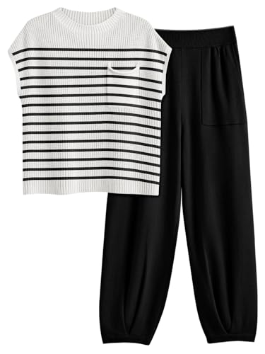 LILLUSORY Two 2 Piece Sets Womens 2025 Spring Summer Matching Lounge Sweatsuits Sweat Suits Trendy Travel Beach Vacation Fashion Resort Wear Outfits Knit Loungewear Clothes Clothing Stripes Black L - Image 1
