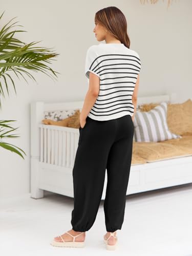 LILLUSORY Two 2 Piece Sets Womens 2025 Spring Summer Matching Lounge Sweatsuits Sweat Suits Trendy Travel Beach Vacation Fashion Resort Wear Outfits Knit Loungewear Clothes Clothing Stripes Black L - Image 5