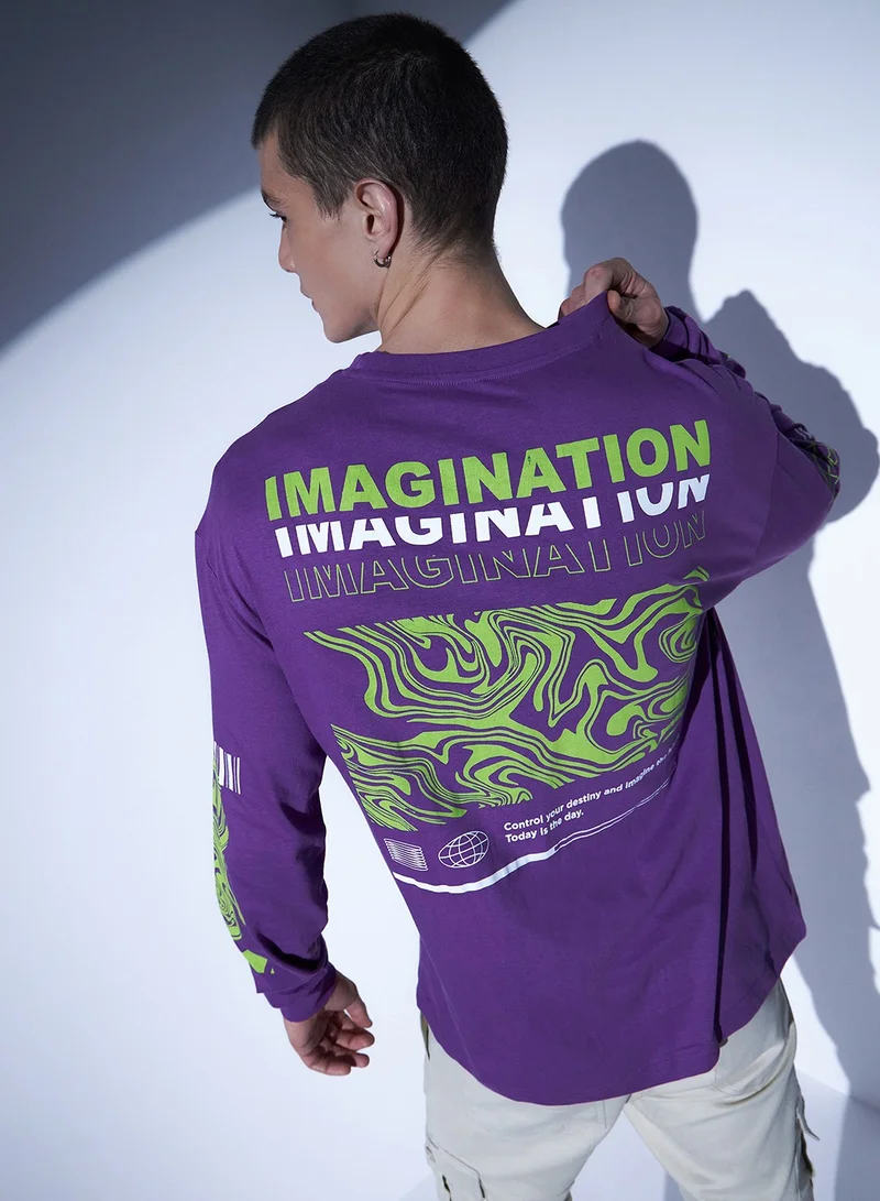 Hubberholme Purple Relaxed Fit Graphic Printed Cotton T-shirt for Men
