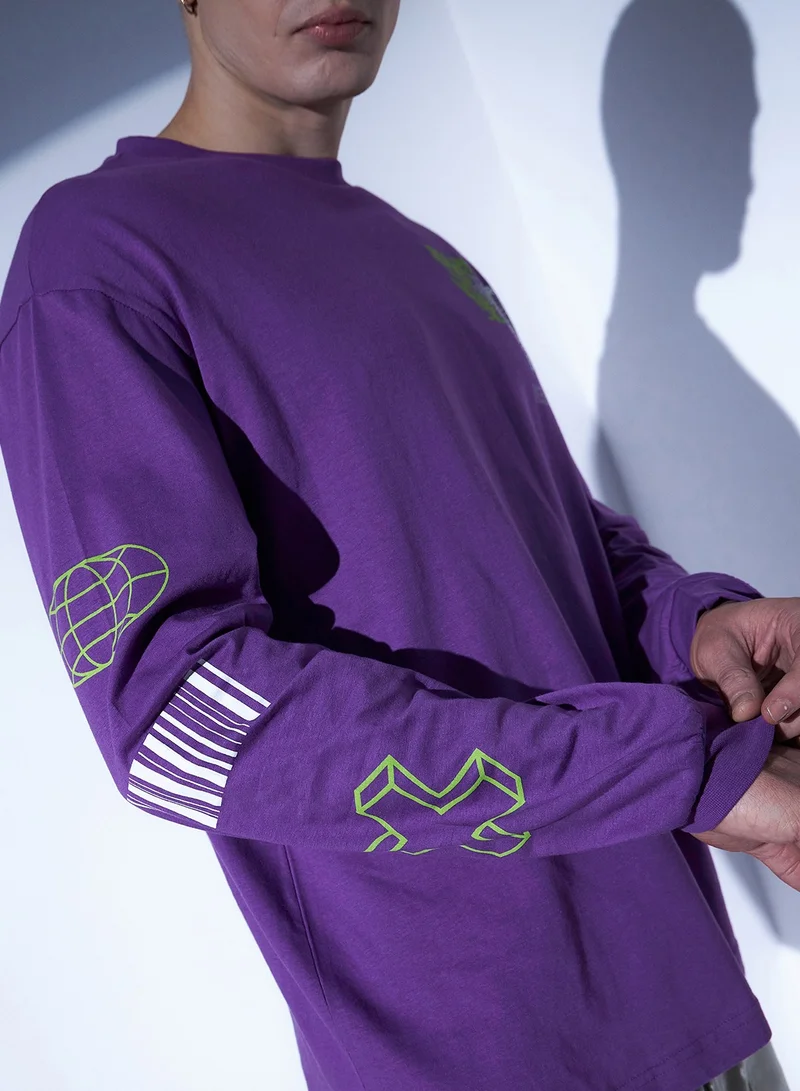 Hubberholme Purple Relaxed Fit Graphic Printed Cotton T-shirt for Men