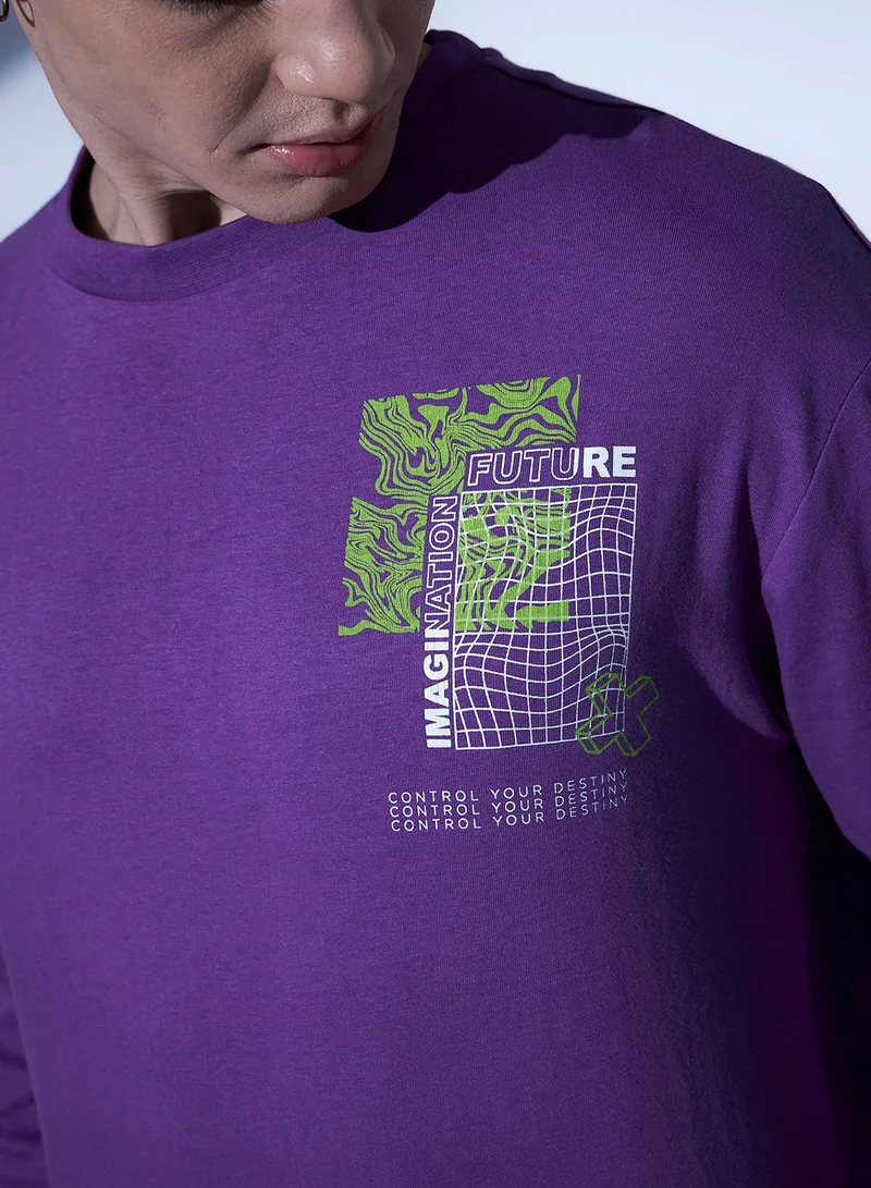Hubberholme Purple Relaxed Fit Graphic Printed Cotton T-shirt for Men