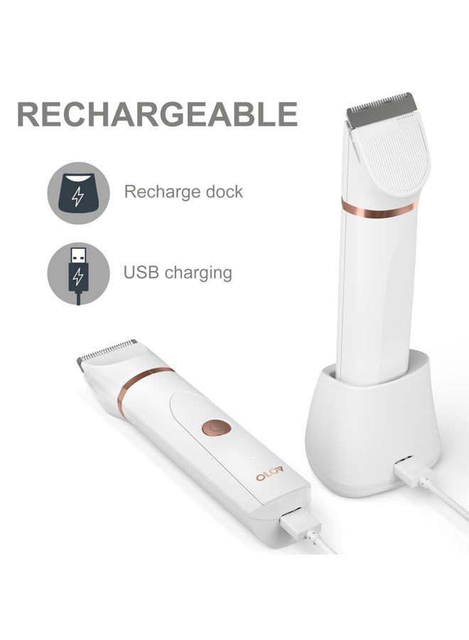 OLOV Electric Body Hair Trimmer - Groin Trimmer for Men - Bikini Trimmer Women - Wet/Dry Shaver Groomer, Replaceable Ceramic Blade Heads, USB Recharge Dock, Waterproof Hygiene Razor, White - Image 5