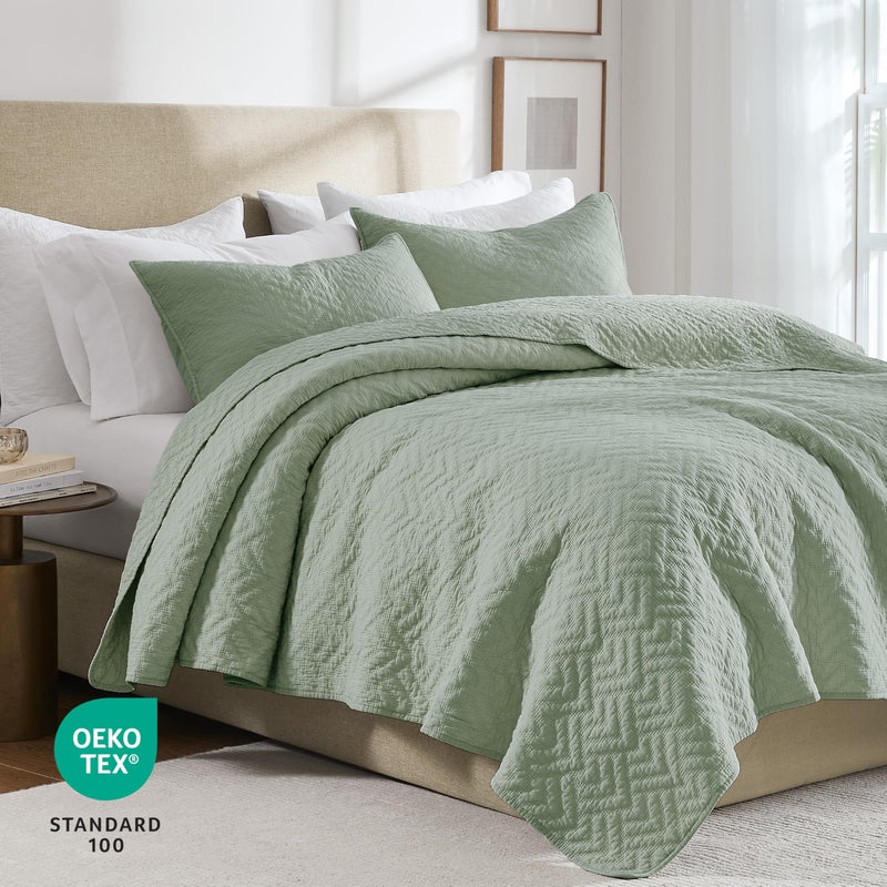 palassio Sage Green 100% Cotton Quilt Queen Size Bedding Sets with 2 Pillow Shams, Lightweight Textured Farmhouse Country Bedspread Soft Shabby Chic Patterned Coverlet for All Season, 3 Pieces - Image 2