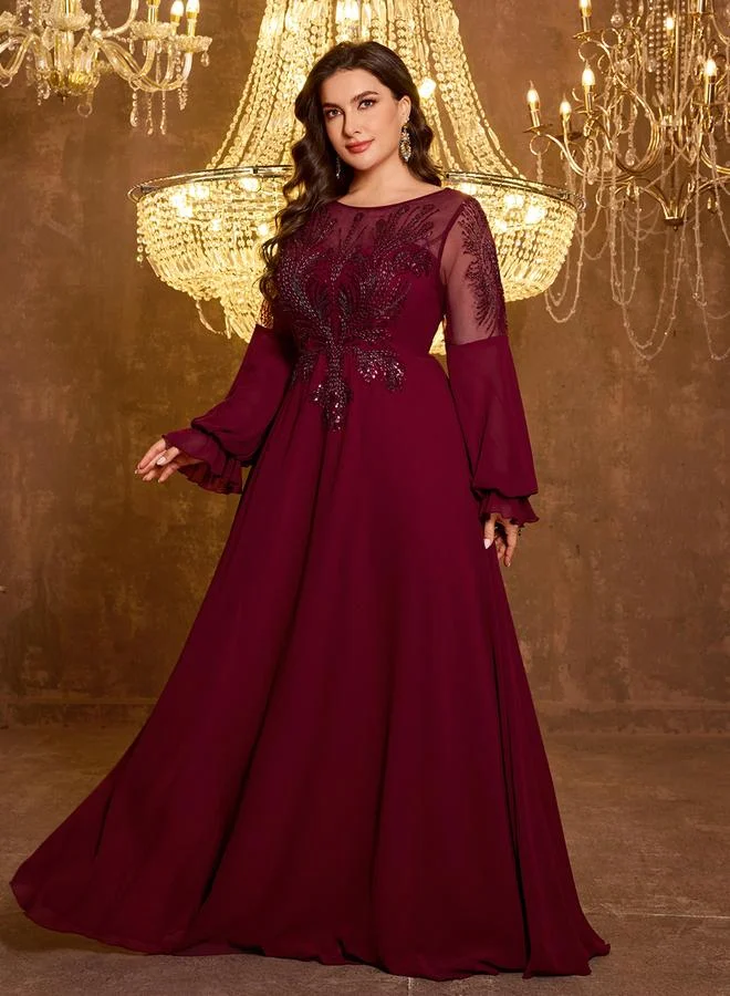 Supgir Plus Size Embellished Chiffon Sleeves A-Line Maxi Dress