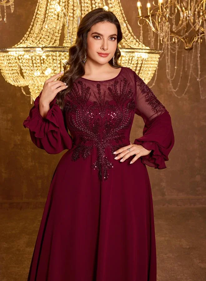 Supgir Plus Size Embellished Chiffon Sleeves A-Line Maxi Dress