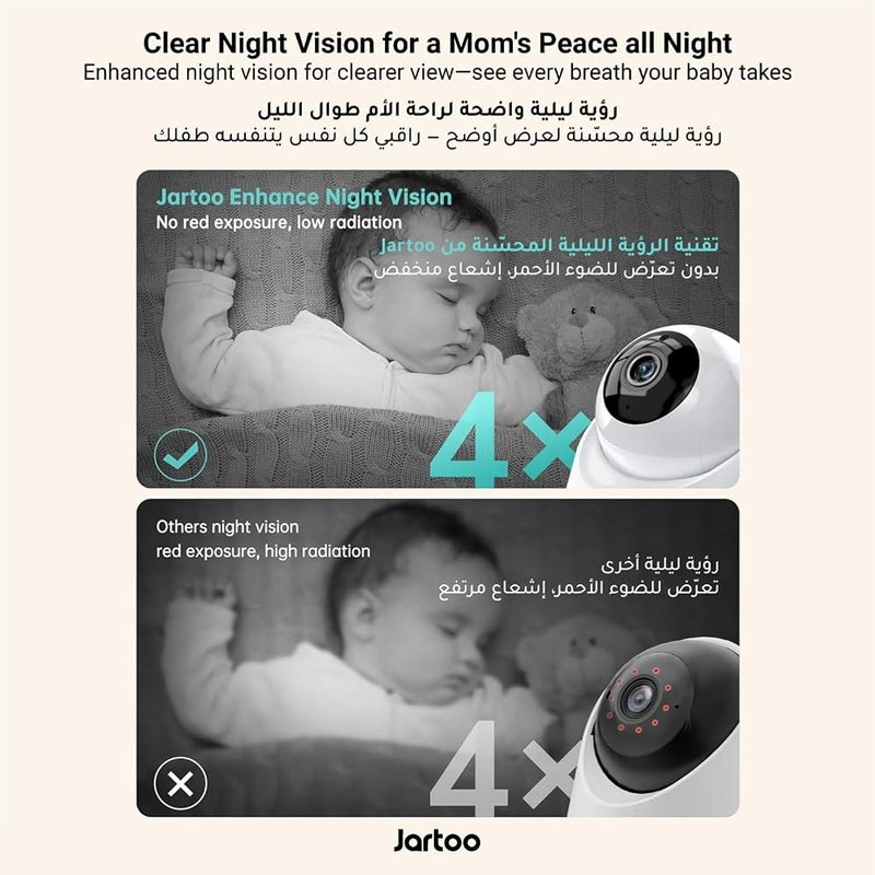 جارتو مراقب الطفل بالفيديو من جارتو بدقة 2K مع كاميرا وصوت، مدى طويل يصل إلى 1860 قدم، مراقب طفل بدون واي فاي، شاشة FHD بحجم 5.5 بوصة، كاميرا لاسلكية مع خاصية إلغاء الضوضاء، ساعة تغذية، رؤية ليلية، اتصال ثنائي الاتجاه، كشف البكاء بالذكاء الاصطناع - Image 2