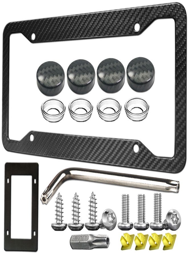 ZXFOOG Carbon Fiber License Plate Frame- Real Carbon Fiber Cloth Wrap Stainless Steel Holder, Wide Edge Black Car Tag Cover with Anti Theft Screws Caps, 1 Pack 4 Hole - Image 1