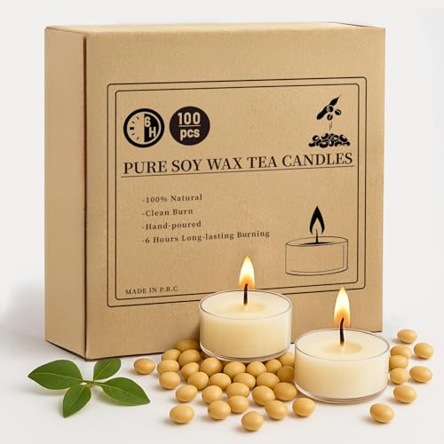 Crenovo Tea Lights Candles 100 Pack, Natural Soy Wax Tealights Candles Bulk 6 Hours Non-Toxic, Long Burning, Unscented Small Votive Cup Candles for Wedding, Party, Dinner, Emergency - Image 1