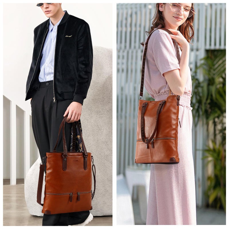 Lasaviin Laptop Tote Bag, Leather Work Tote for Computer Bag, Waterproof Lightweight Shoulder Bag Purse Handbags Crossbody Bag for Work, Office, Business, School, Travel - Brown - Image 2