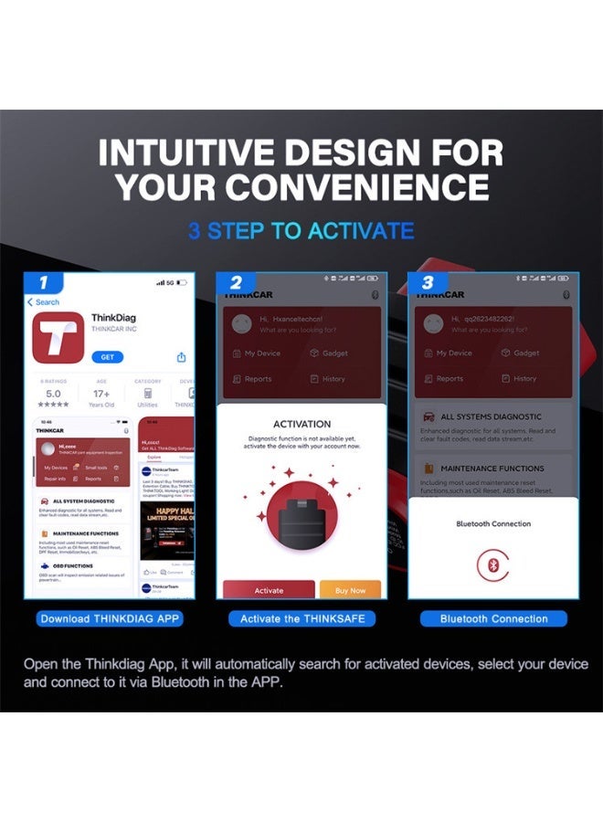 فكر في السيارة أداة تشخيص Thinkcar Thinksafe OBD2، ماسح ضوئي للسيارات احترافي كامل الأنظمة متوافق مع البلوتوث. - Image 5