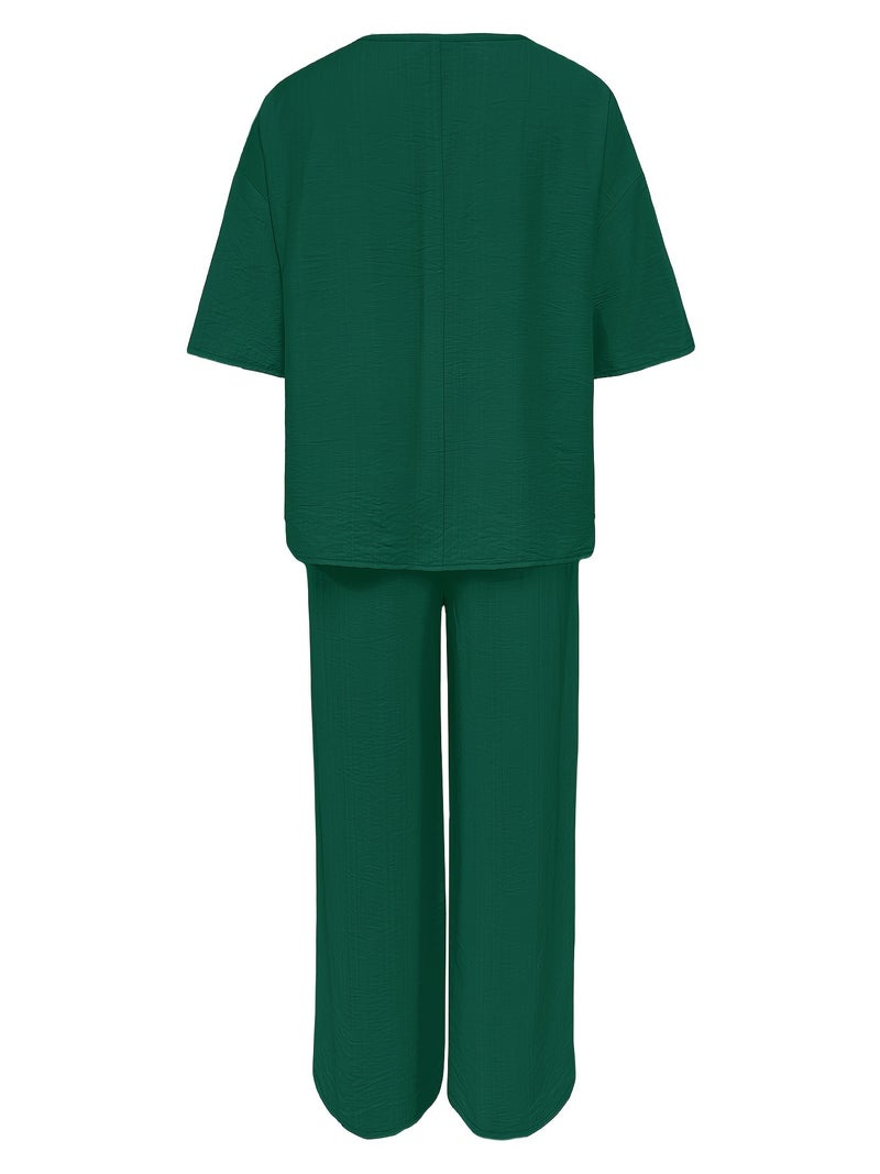 Women's Casual 2pcs Set: Solid Color Loose Short Sleeve Crew Neck Shirt Top + Wide-Leg Long Pants - Image 3