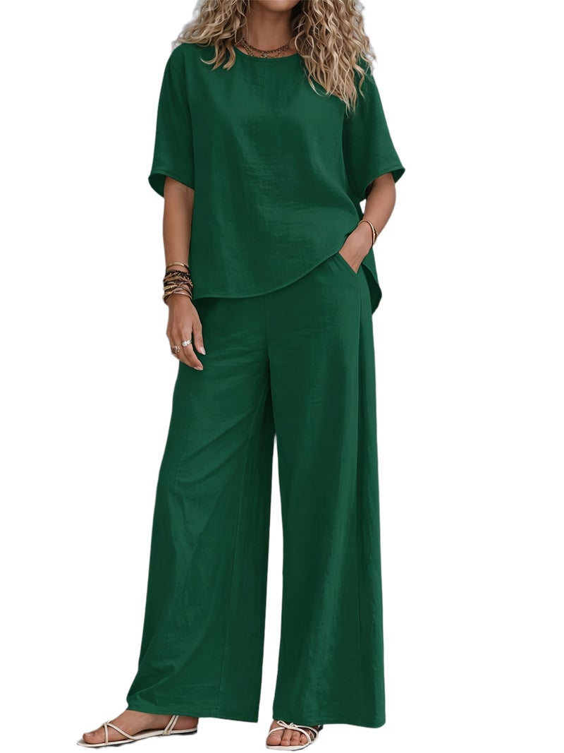 Women's Casual 2pcs Set: Solid Color Loose Short Sleeve Crew Neck Shirt Top + Wide-Leg Long Pants - Image 1