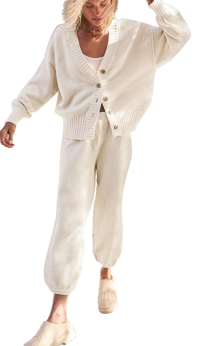 SAUKOLE 2 Piece Outfits for Women Loose Knit Cardigan and Baggy Pants Lounge Sweater Sets Fashion Sweatsuit Matching Set - Image 1