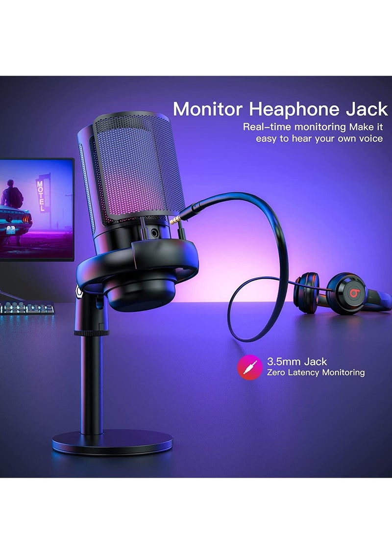 المحاكم USB Microphone for PC Computer Gaming Mic for PS4 PS5 Mac Condenser Mic with Quick Mute RGB Light Pop Filter Shock Mount Gain knob Monitoring Jack - Image 4