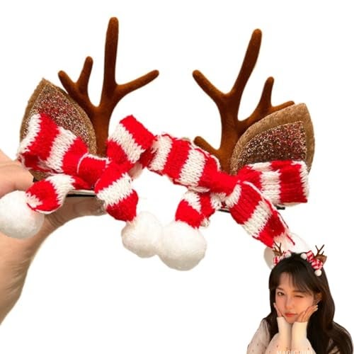 TLISMI Christmas Reindeer Antler Hair Clip for Girls & Women – Cute Holiday Hair Accessory with Soft Glitter Ears, Festive Red & White Knit Bow, and Pom-Pom Balls for Holiday Parties, School Events - Image 1