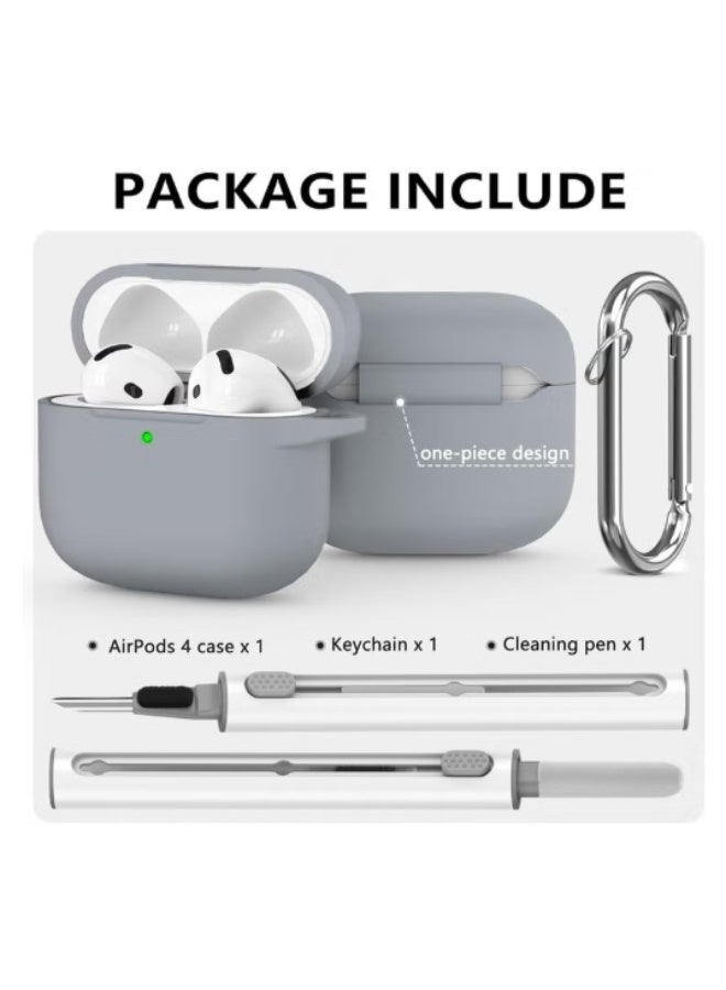Soft Silicone Protective Case Cover for AirPods 4 with Cleaner Kit and Keychain(Grey) - Image 3