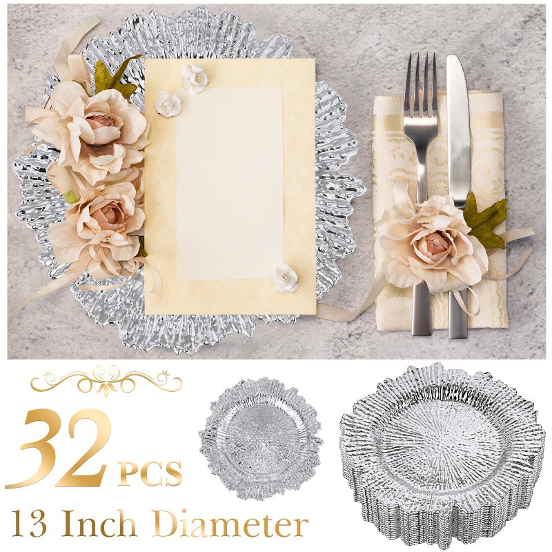 Yinder 32 Pack Charger Plates Set Reef Chargers for Dinner Table Serving Tray Floral Plastic Decorative Plates for Table Setting Wedding Party, 13 Inch(Silver) - Image 2