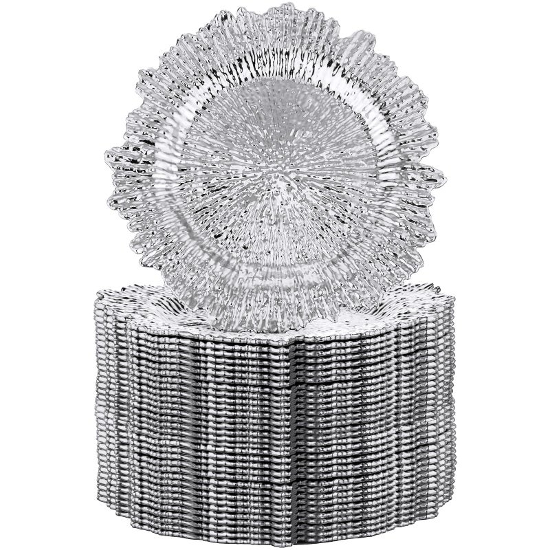 Yinder 32 Pack Charger Plates Set Reef Chargers for Dinner Table Serving Tray Floral Plastic Decorative Plates for Table Setting Wedding Party, 13 Inch(Silver) - Image 1