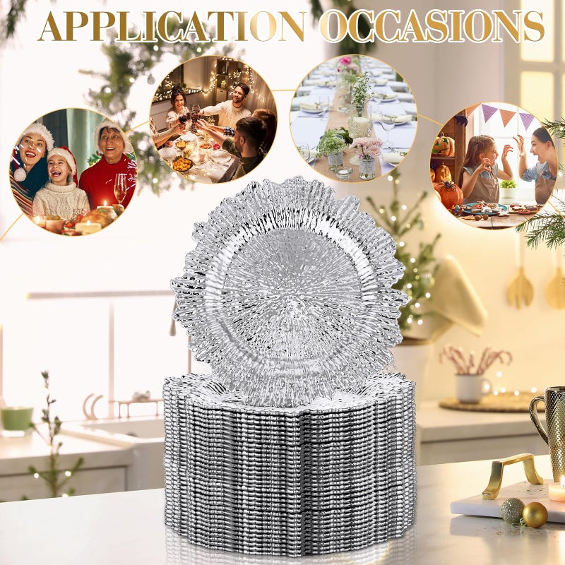 Yinder 32 Pack Charger Plates Set Reef Chargers for Dinner Table Serving Tray Floral Plastic Decorative Plates for Table Setting Wedding Party, 13 Inch(Silver) - Image 4