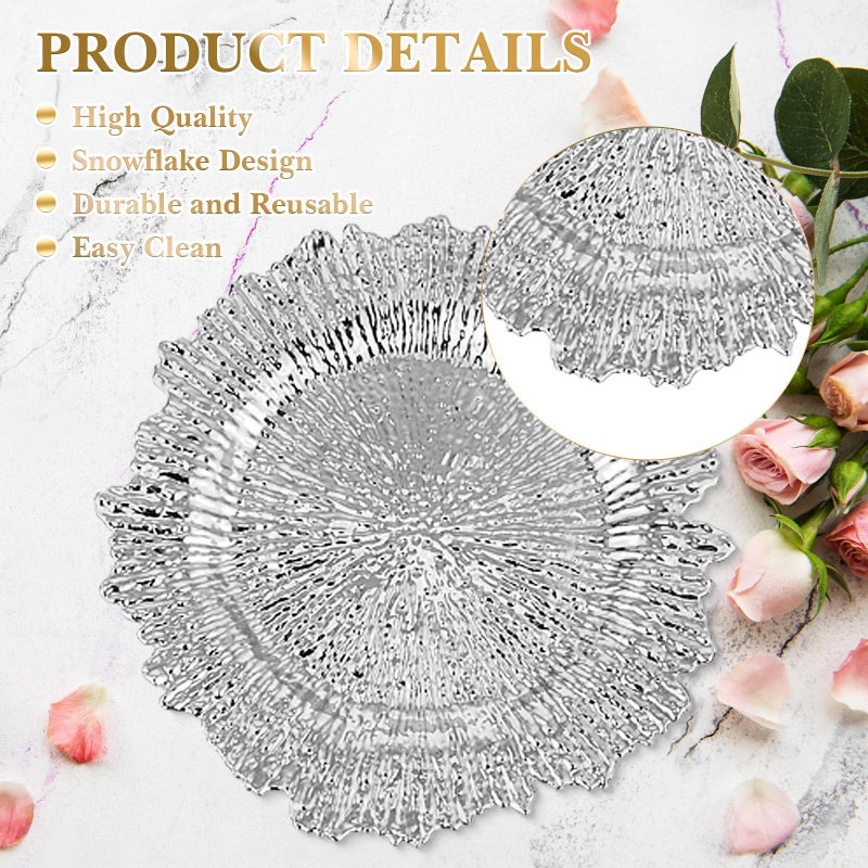 Yinder 32 Pack Charger Plates Set Reef Chargers for Dinner Table Serving Tray Floral Plastic Decorative Plates for Table Setting Wedding Party, 13 Inch(Silver) - Image 3