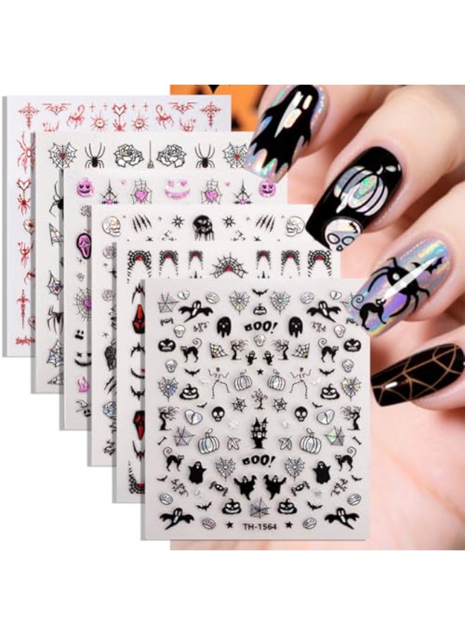 Hrnsnails Halloween Nail Stickers Halloween Nail Decals3D SelfAdhesive Laser Skull Spider Web Nail Art Decals DIY Holiday Nail Stickers for Women Grils 6 Sheets - Image 1