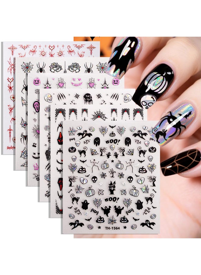 Hrnsnails Halloween Nail Stickers Halloween Nail Decals3D SelfAdhesive Laser Skull Spider Web Nail Art Decals DIY Holiday Nail Stickers for Women Grils 6 Sheets - Image 2