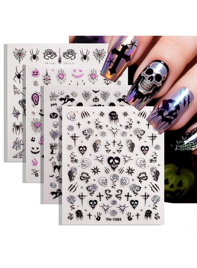 Hrnsnails Halloween Nail Stickers Halloween Nail Decals3D SelfAdhesive Laser Skull Spider Web Nail Art Decals DIY Holiday Nail Stickers for Women Grils 6 Sheets - Image 4
