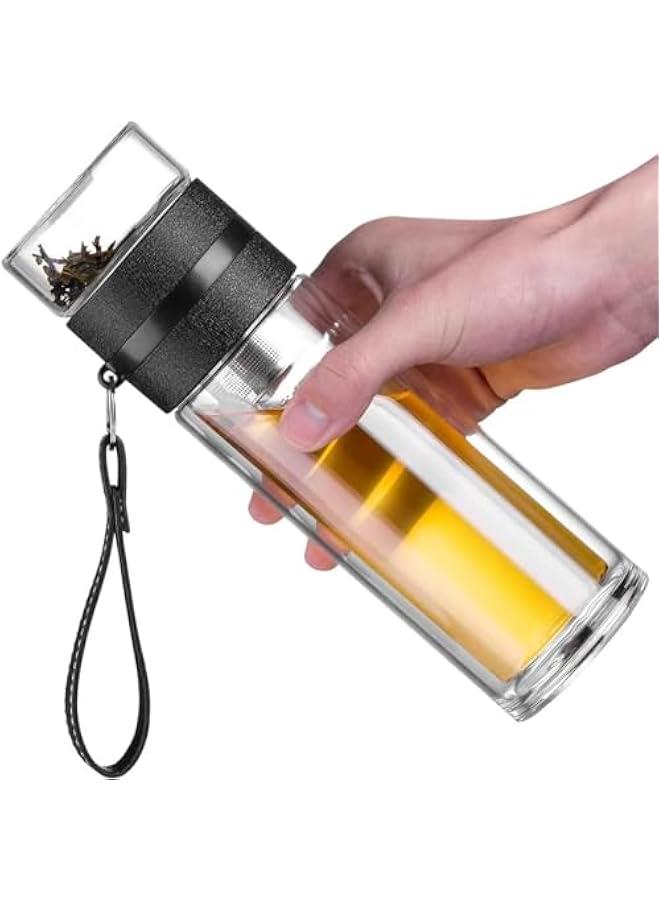 TRASSLE 450ML Double Wall High Borosilicate Glass Water Bottle,Tea and Water Separation Tea Bottle,Mug Cup with Tea Infuser,Travel Mug with Strainer,Portable Travel Glass Tea Infuse  - Image 1