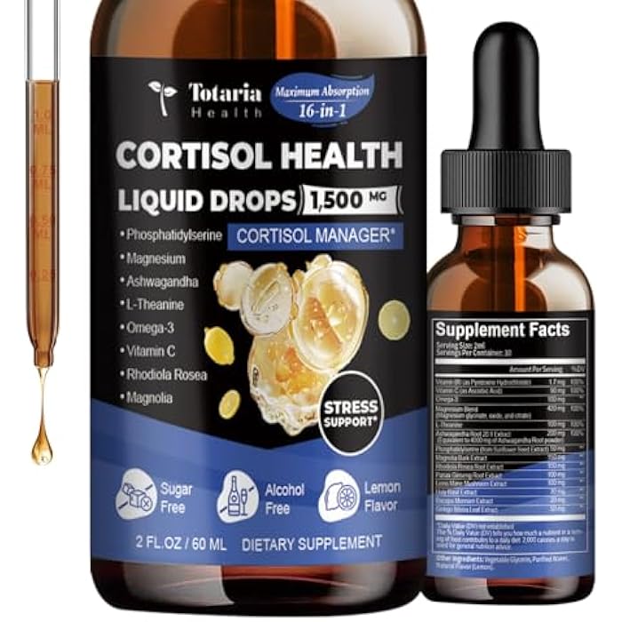 Totaria cortisol Supplement Liquid Drops Hormone Balance for Women Men with Magnesium Complex,Ashwagandha,Rhodiola Rosea,L Theanine,Phosphatidylserine Supplements Mood, Focus, Sleep Support 2 FL.OZ - Image 1