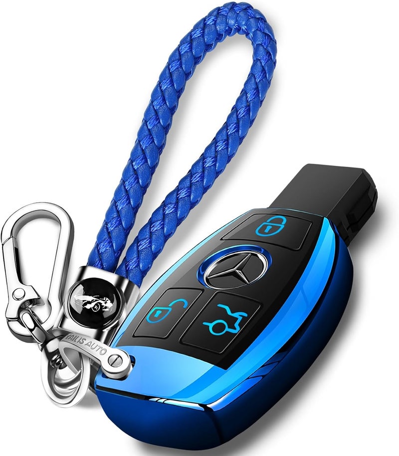 Intermerge for Mercedes Benz Key Fob Cover with Keychain, Premium Soft TPU Key Case Cover Compatible with Mercedes Benz C E S M CLS CLK G Class Keyless Smart Key Fob_Blue - Image 1