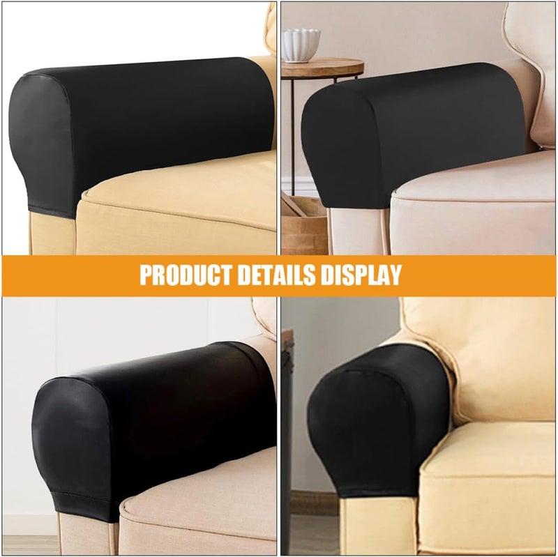 Sofa Armrest Protector Covers, 1 Pair Black High Elastic Waterproof Pu Leather Couch Arm Slipcovers, Universal Fit for Home Sofa Armrest Protection - Image 3