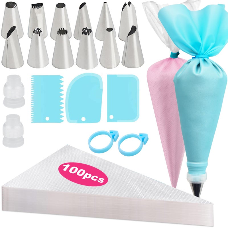 Piping Bags and Tips Set 120 Pcs Cake Decorating Kit with 100 Disposable Piping Bags Reusable Icing Bag Frosting Tips Couplers Cake Scrapers Cupcake Decorating Supplies