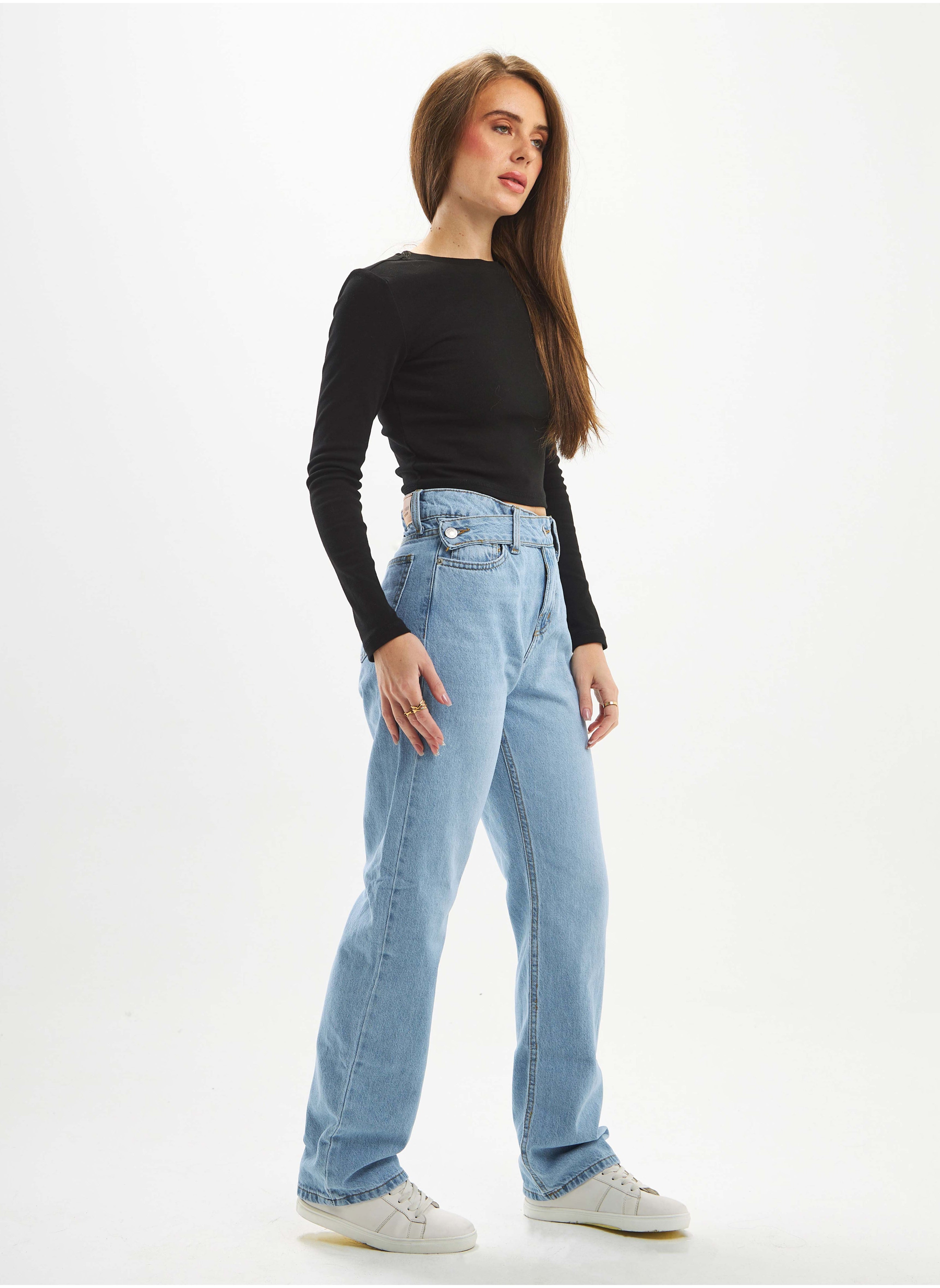 High-Waist Light Blue Shade Cross-Belt Slim Straight Leg Jeans. 