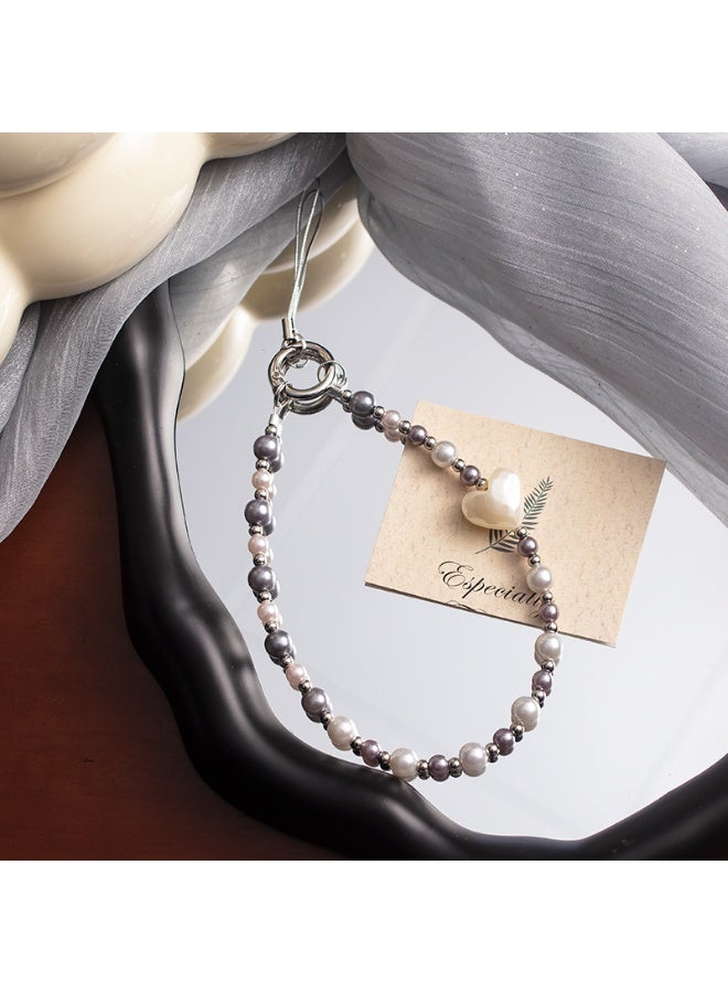 NIBEMINENT Beaded Phone Lanyard, Anti Lost Removable Wrist Strap, Pearl Bracelet Pearl Bracelet Pendant, Phone Keychain Lanyard, White